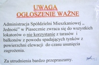 Ogłoszenie spółdzielni Jedność - nie korzystać z tarasów